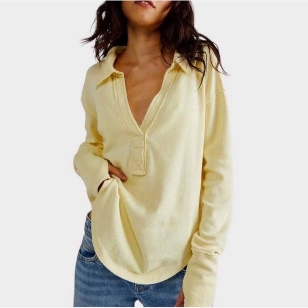 We The Free Waffle Knit Henley Polo Top Small Yellow Oversized Thermal‎